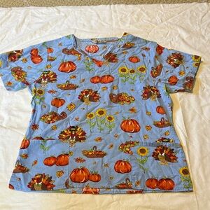Festive Blue Thanksgiving Scrub Top